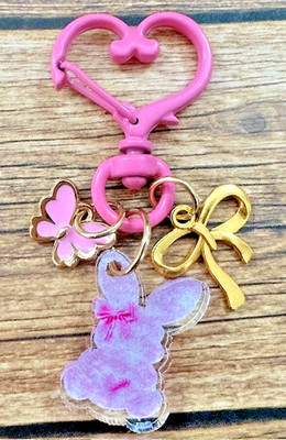 Pink Easter Bunny Gold Bow Heart Swivel Key Chain Backpack Bag Tag Purse Charms