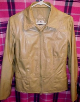 Vintage Evolution Faux Leather Biker Jacket Women's Medium Beige Zip up 90's Y2k