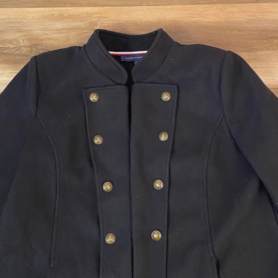 Tommy Hilfiger Mujer Negro Estilo Militar Doble Pecho Abrigo Chaqueta Grande Foto 2 de 4