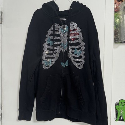 新品未使用VAULTROOM VGC RHINESTONE HOODIE M VERSAILLES Rhinestone Skeleton Zip Up Hoodie Black Hearts Graphic