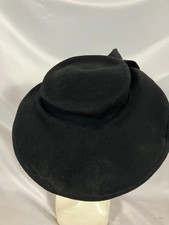 Vintage Black Wool Felt Wide Brim Hat  Dramatic Oversized Bow 