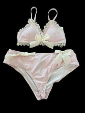 Pink  Cream Ruffle Bow Strappy Swim Top Set Size Medium
