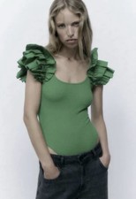 ZARA Women s Green Ribbed Ruffle Sleeve One Piece Bodysuit Size S
