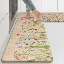 KIMODE anti Fatigue Kitchen Mat, 17"X47"+17"X29" Floral Kitchen Rugs Sets of 2, 