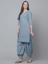 Blue Block Printed Cotton Kurta Salwar Set India Ethnic Wear, Gift For Her