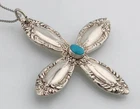 TOWLE STERLING SILVER TURQUOISE KING RICHARD PATTERN CROSS PENDANT 24" BOX CHAIN