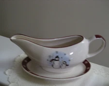 ROYAL SEASONS STONEWARE (SNOWMEN) GRAVY BOAT WITH UNDERPLATE - GD COND