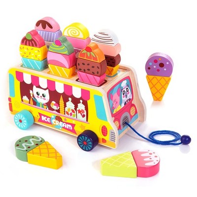 HELLOWOOD Wooden Ice Cream Truck, 28 pcs child-size, White, Wood-toned, Red 