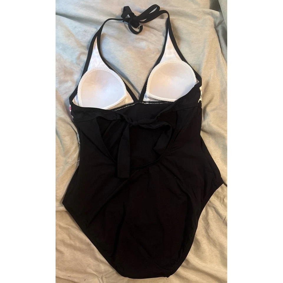 Traje de baño de una pieza con halter a lunares rosa y negro para mujer Anne Klein, talla 10 Foto 3 de 4