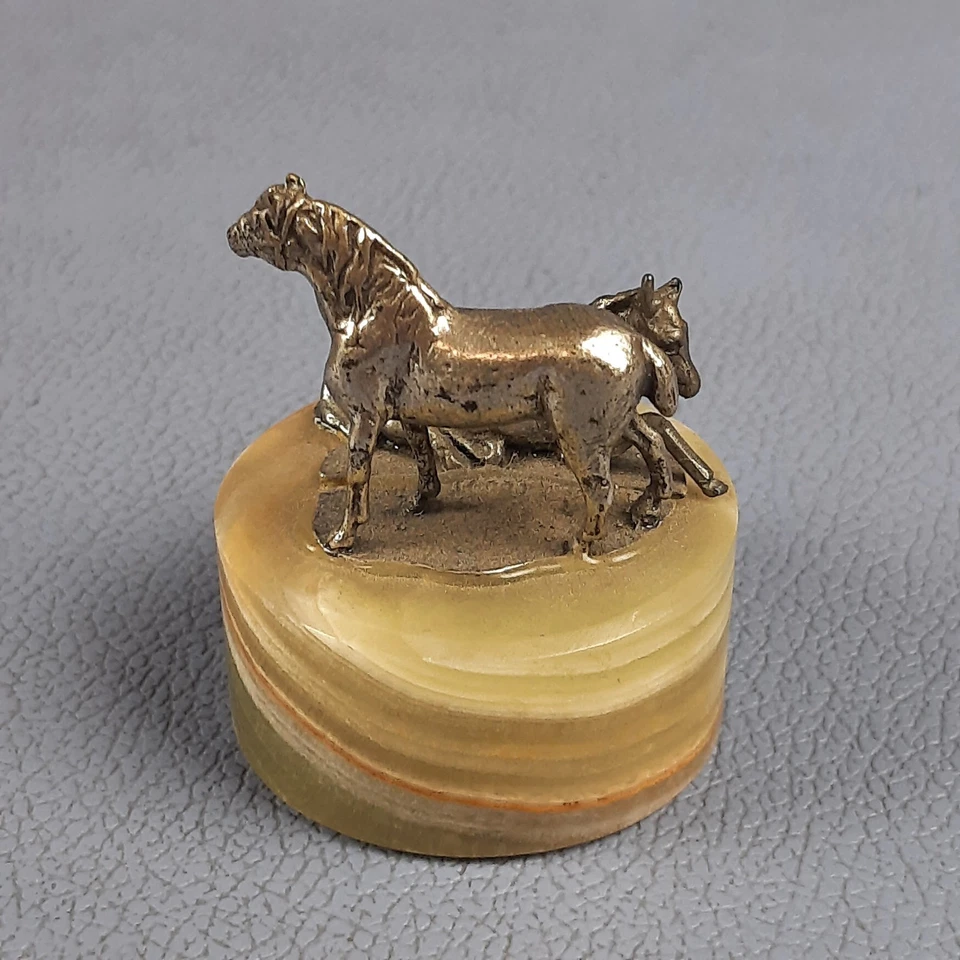 Miniatura Cavalli Scultura Argento 800 Base Marmo Onice Fermacarte Vintage 1960 - Immagine 3 di 4