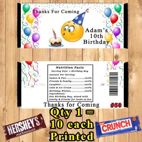 Emoji Birthday Favors 10 ea Candy Bar Wrappers Personalized Custom Made - Picture 2 of 5