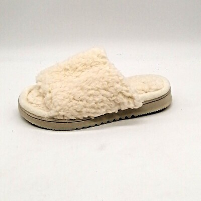Womens Slide Slipper White Faux Fur Cushioned Flat Heel Open Toe & Heel Sz S 5-6