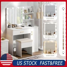 Makeup Desk Vanity Mirror Dressing Table Set 1 Drawer w/ Stool &Charging Station