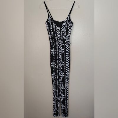 The Vintage Shop Women's Size Small Black White Print Jumpsuit