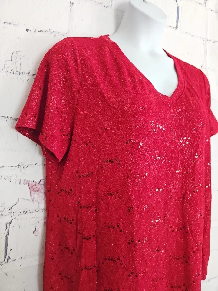 White Stag Glitter Shimmer Holiday Red Top Plus size 2X Short Sleeve V-neck - Image 4 of 4