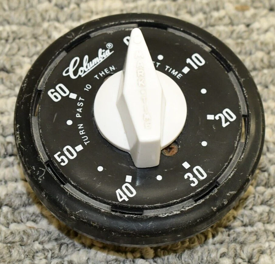 Vintage COLUMBIA 60 Minute Kitchen Timer Bell Wind Up Black, Metal 3" MARK TIME