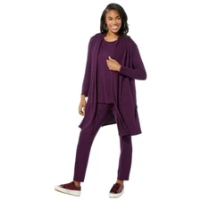 Nina Leonard 3 Piece Shawl Cardigan Tank and Pant Set Size 2XT Raisin Multi Cozy