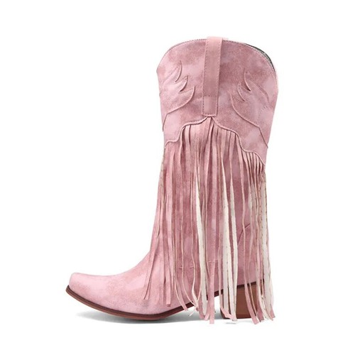 Ethnic Western Cowboy Boots Block Medium Heels Tassel Fringe Knee High Boots - Picture 10 of 29