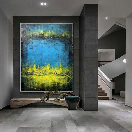 Venta Pintura abstracta color azul amarillo HECHA A MANO 60H X 48 costaba $3,495 ahora $1,795 - Imagen 5 de 17
