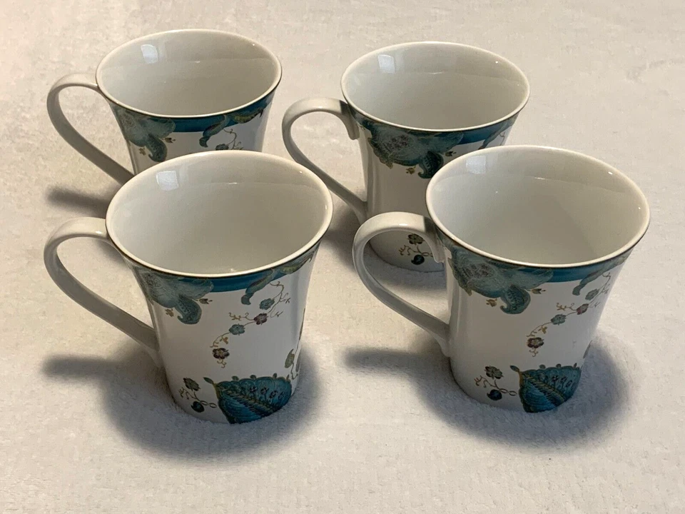 222 Fifth Eliza Teal Mug SET OF 4 Floral Peacock - Image 4 of 4