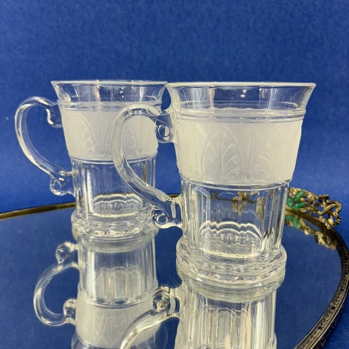 Athens Glass Pair Of Crystal Mugs Cup Satin Band Acanthus Leaf Art Deco Palm