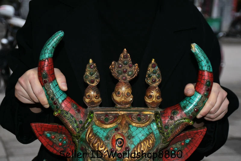 Máscara facial de deidad iracunda Mahakala gema bronce budismo tibetano antiguo de 17,2" Foto 3 de 4