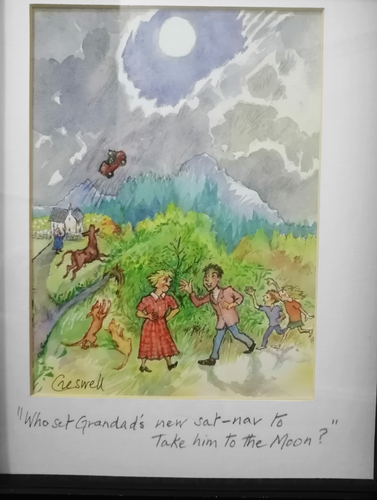 Original Art Cartoon By Jean Creswell Sat Nav Grandad Moon 14" x 12" Framed - Picture 4 of 14