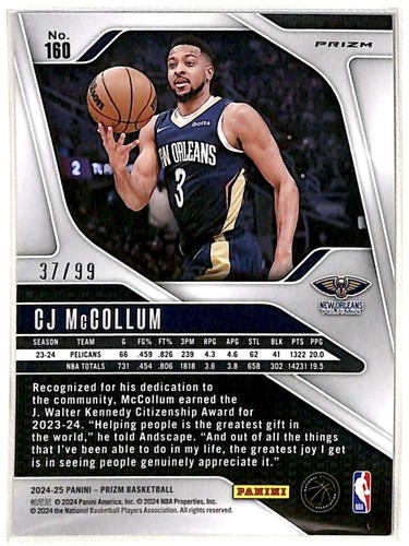 2024-25 Prizm Blue Shimmer CJ McCollum 37/99 New Orleans Pelicans #160 - Picture 2 of 2