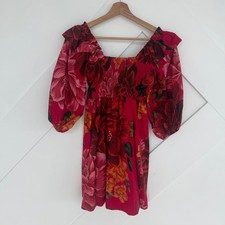 Vintage Farm Rio Vibrant Red Floral Puff Sleeve Dress