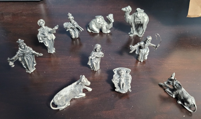 JCC Pewter Christmas Nativity Holy Family, 3 Wisemen, 2 Camels, 2 barn animals