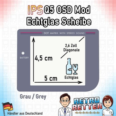2,6 Zoll GameBoy Classic Q5 IPS Glas Display Scheibe - Grau - DMG OSD LCD Mod