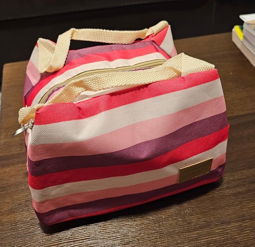 Insulated Lunch Bag Cooler Tote Pink Purple Striped Zip Top Reusable - Picture 1 of 4