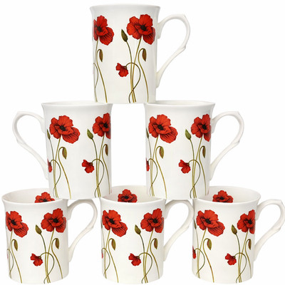6er Set Fine Bone China Mohnstiel Tassen Schlossform Tee & Kaffeetassen
