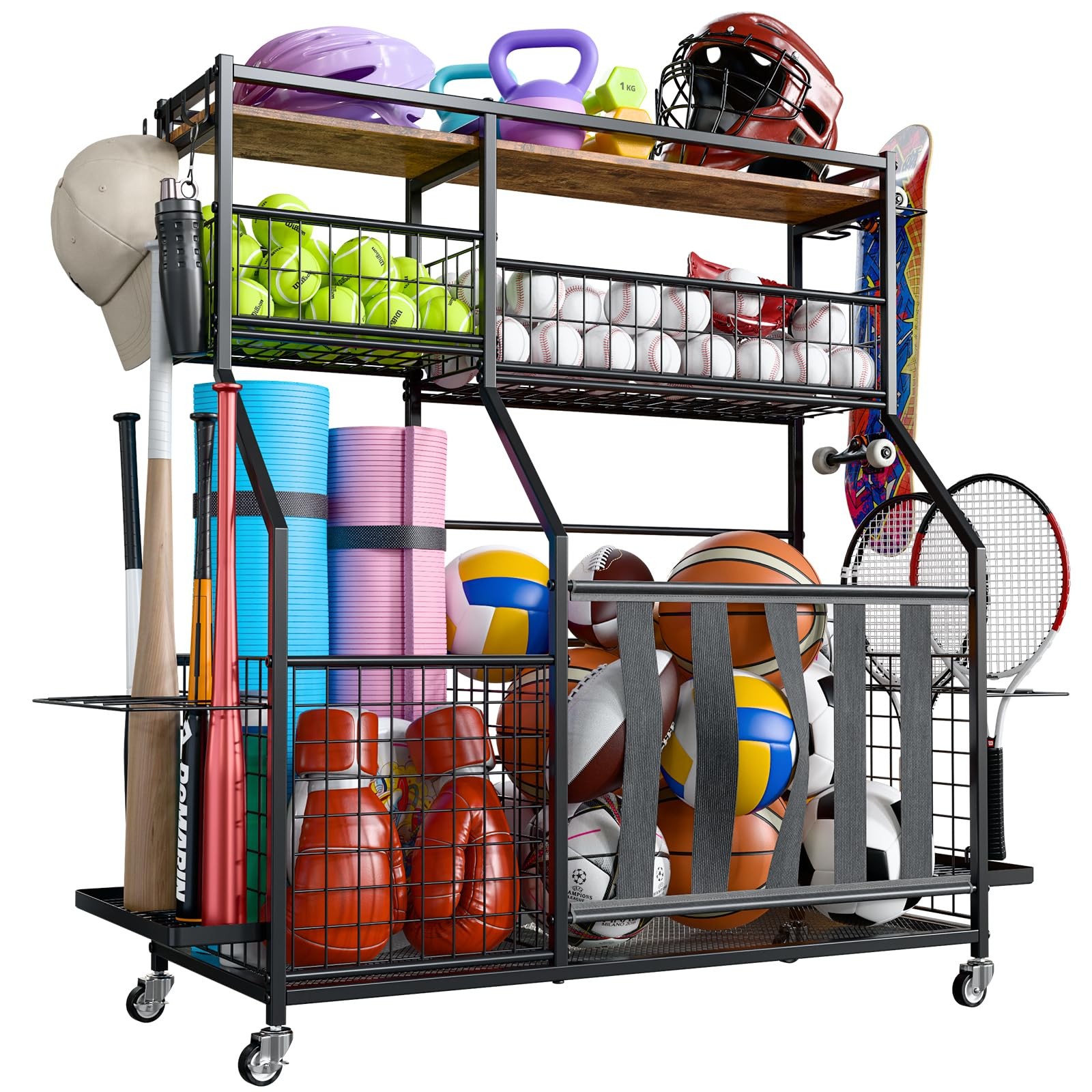 Garage Rolling Sports Equipment Organizer with Basket and Hooks for Easy Storage