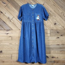 Moda International Denim Vintage Dress Womens Size 10 Blue Snowman Christmas USA