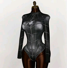 Women s Black Spiderman Graphic Print Long Sleeve Fitted Stretch Bodysuit OS