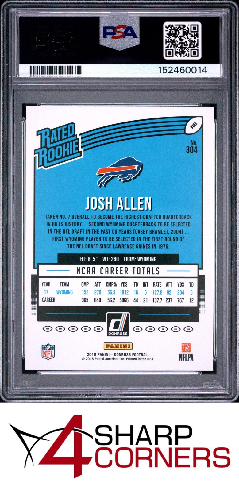 2018 PANINI DONRUSS #304 JOSH ALLEN RC RATED ROOKIE BILLS PSA 9 view 2