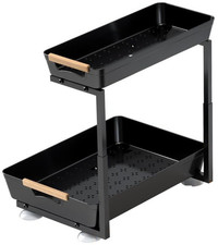 L-Shaped Under Sink Organizer Adjustable 2 Tier Pull Out Drawer Organizer, Black