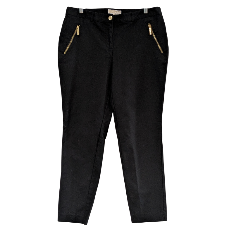 Michael Kors Women's Chino Pants Gold Zipper Pockets Black Size 12, Cotton Blend