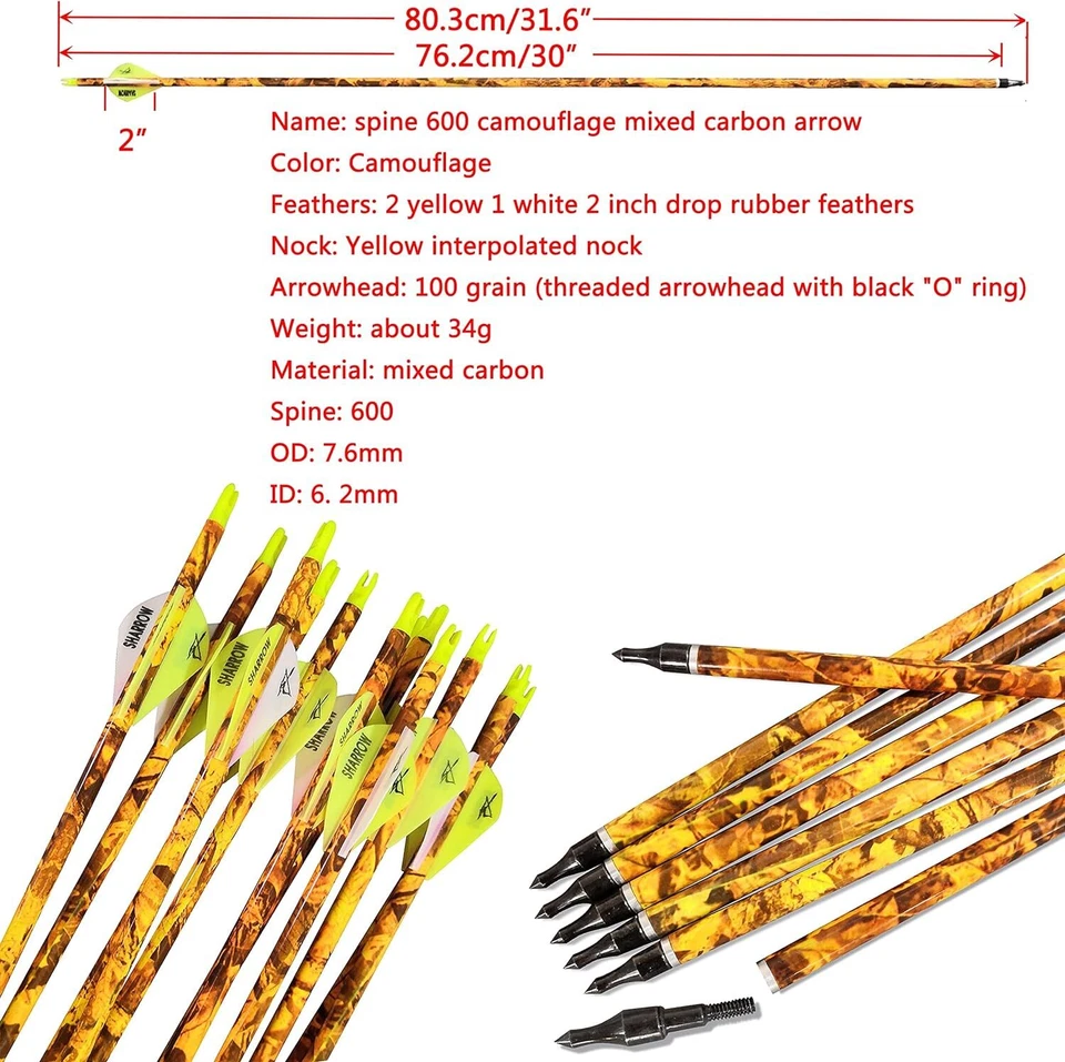 30" Carbon Arrows Camo Screw Broadhead SP600 Archery Bow Shooting Hunting Target - Image 2 of 4