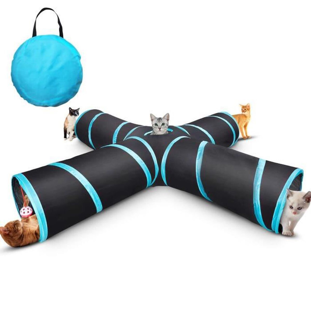 Tunnel pour chat labyrinthe pliable 4 entrées avec jouet boule et sac de stockage