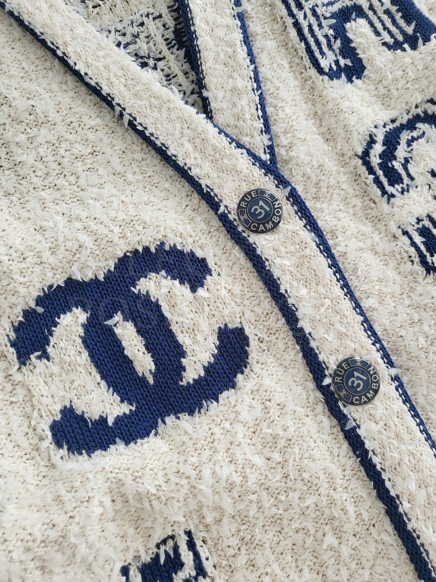 NWOT CHANEL 19P NAVY LOGO IVORY OVERSIZED CARDIGAN FR34 | eBay