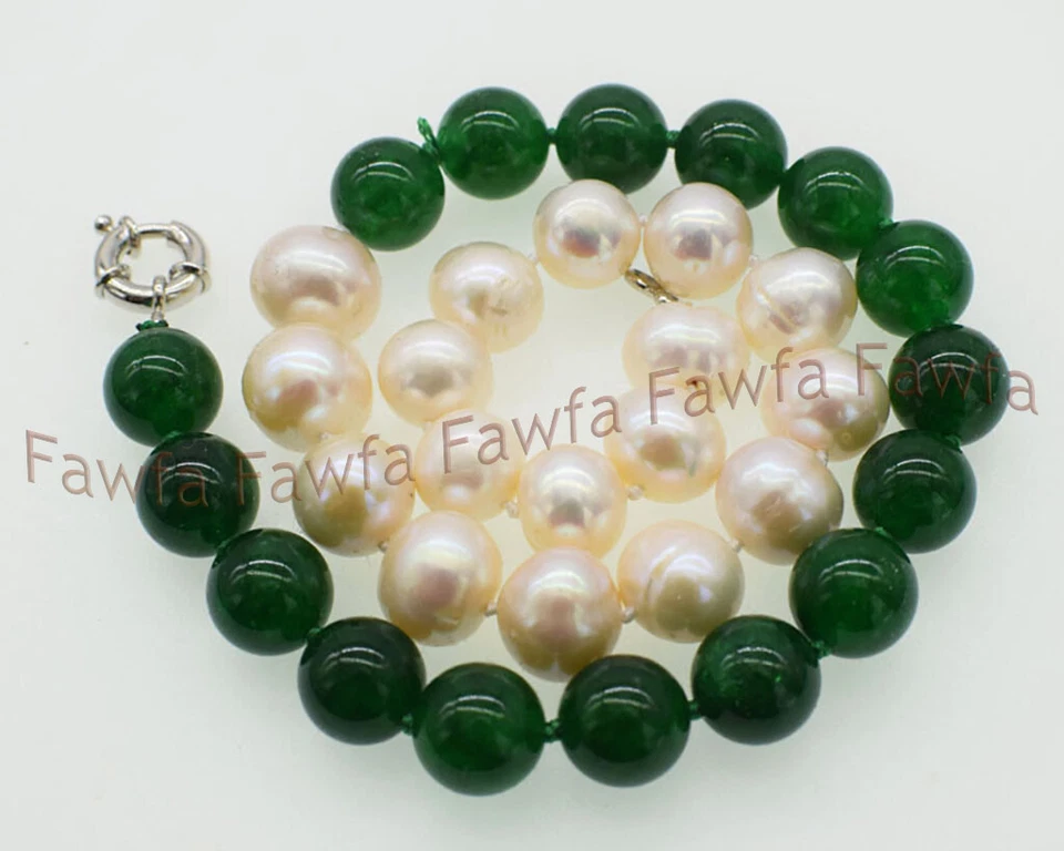 Natural 11-12mm White Akoya Pearl 12mm Green Jade Gems Round Beads Necklace 18'' - Image 3 of 3