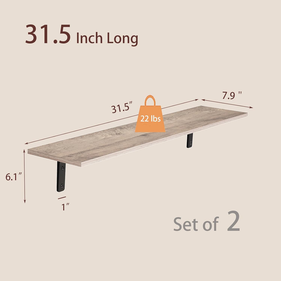Long Wall Shelves, 31.5 Inch Wall Mounted Shelves Set of 2, EasyTo