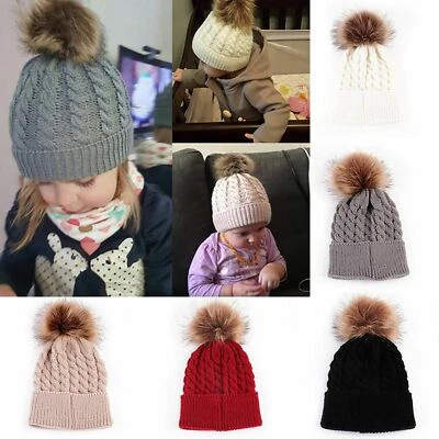 Baby Mädchen Jungen Kleinkind warm Strick Fell Bommel Bommel Mütze Beanie Mützen Winter