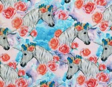 FAT QUARTER UNICORN FABRIC MAJESTIC UNICORNS PEGASUS FLORAL ROSES PASTEL FQ