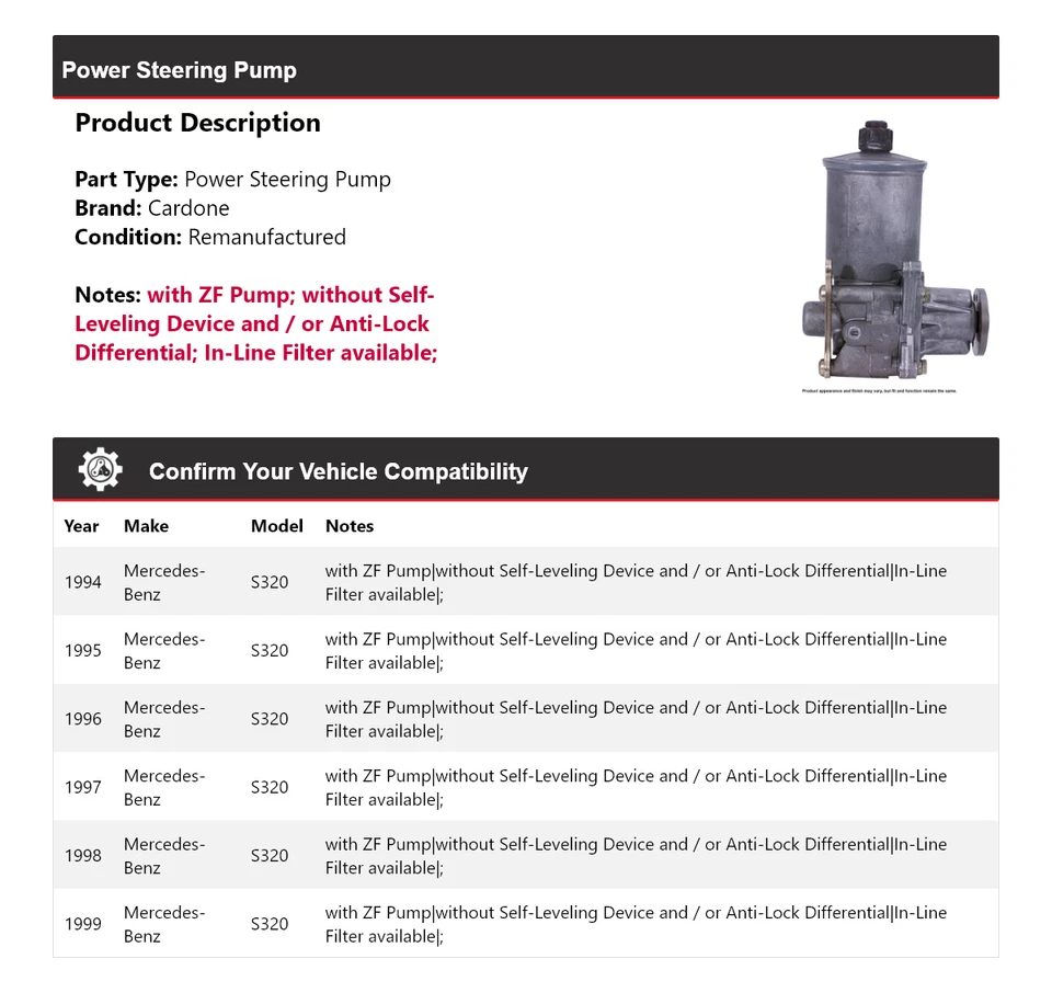 Bomba de dirección asistida Cardone 1995 1996 1997 1998 para Mercedes-Benz S320 1994-1999 Foto 2 de 4