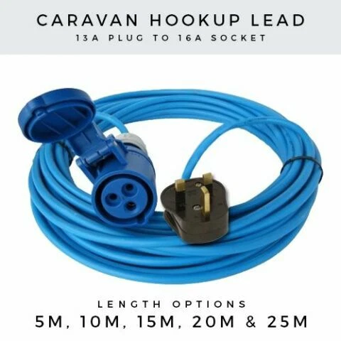 13A PLUG TO 16A BLUE SOCKET EXTENSION LEAD 5M - 25M CARAVAN HOOK UP LEAD ADAPTER