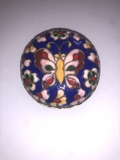Vintage Cloisonne Enamel Round Jewellery Box Butterfly Flowers Chinese Turquoise