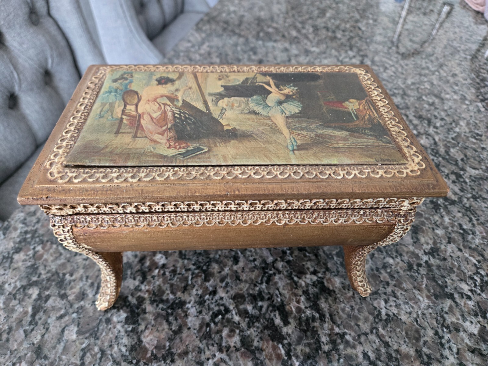 Vintage Wood Footed Jewelry Box Chest Soft Top Red Inside Musical...Not working